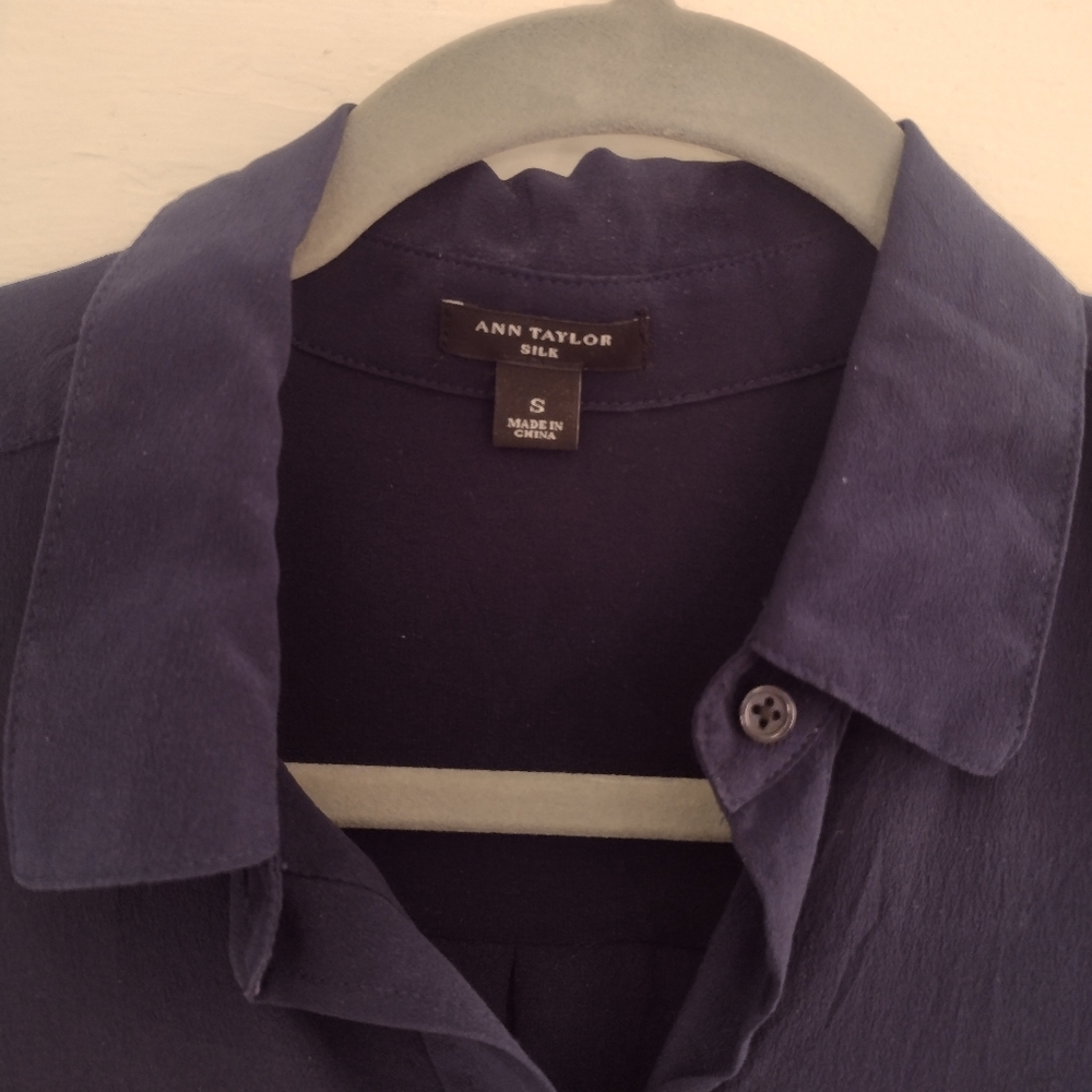Ann Taylor navy silk button down shirt